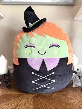 22” Mariposa Extra Large Witch squish pillow in orange green purple and black
